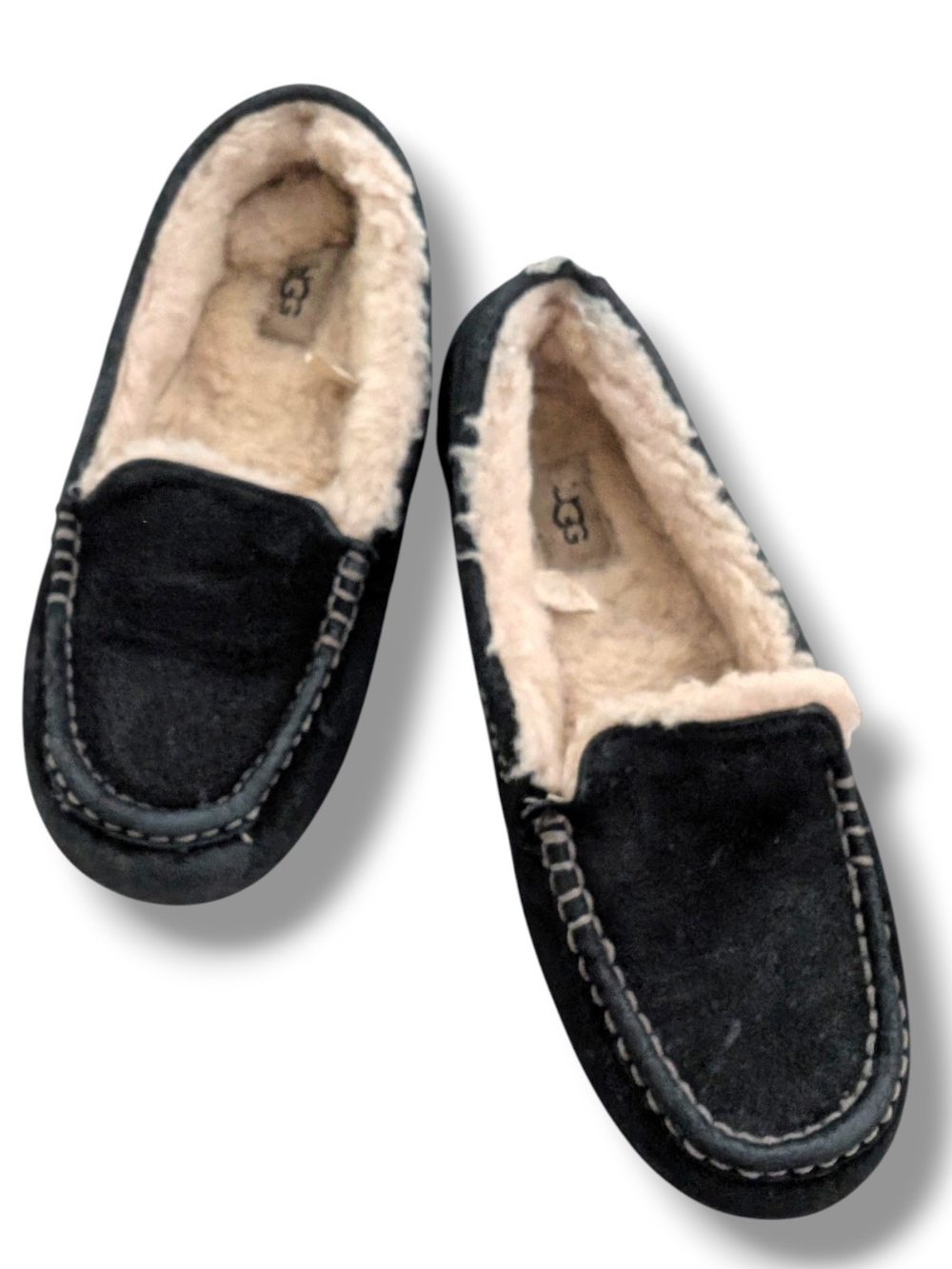 UGG Ansley Slippers, Black Leather Moccasin Style, Sherpa, Size 9